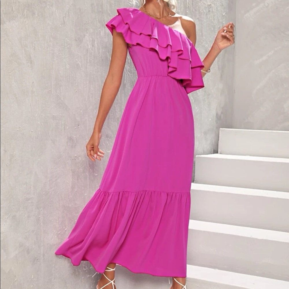 Boho pink ruffle hem one shoulder ruffle dress - Picture 6 of 6